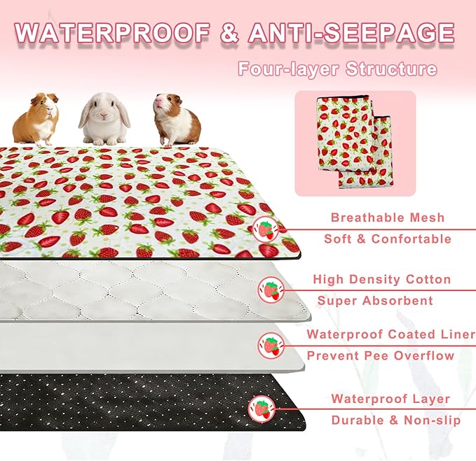 2 Pack Guinea Pig Cage Liners, 12"x 24" Washable Waterproof Bedding for Rabbit, Bunny, Hamster & Small Animals, Reusable Super Absorbent Pee Pads for C&C Cage, Strawberry Print