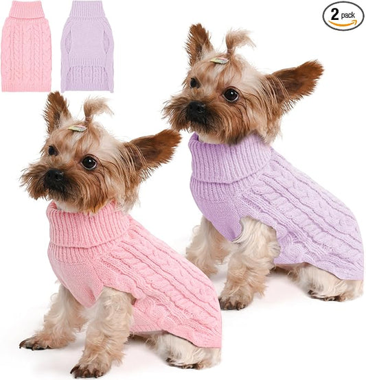 Dog Sweater 2 Pack for Small Dogs, Size S, Pink & Purple | Stretchy cable knit turtleneck, machine washable, high belly cut, comfy winter fit for Chihuahua, Maltese