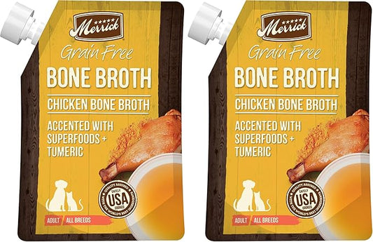 Merrick Grain Free Bone Broth, Premium Human Grade And Gluten Free Dog And Cat Food Topper Pouches, Chicken - 16 oz. Pouch (Pack of 2)