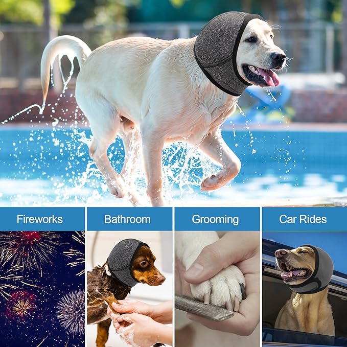 NACOCO Dog Calming Hoodie - No Shake Water Resistant Ear Wraps for Dogs Anxiety Relief & Noise Protection Dog Head Wrap Pet Ear Cover Muffs for Swim Bathing Hematoma(Dark Grey, L)