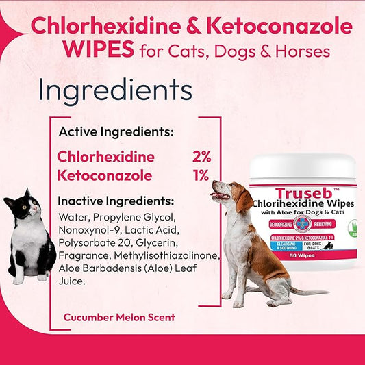 Pet Health Pharma Truseb Topical for Dogs, Cats and Horses - with Aloe for Cleansing (Ketoconazole & Chlorhexidine Wipes, 100 Count)