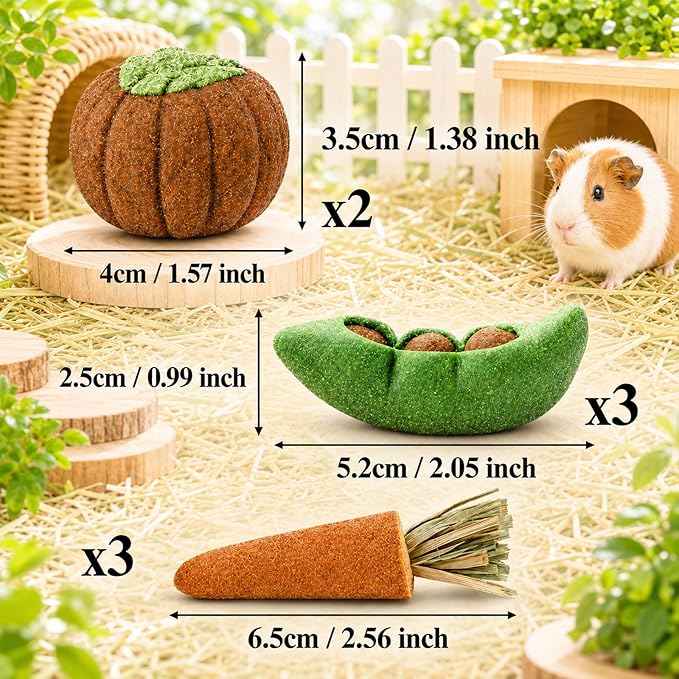 HERCOCCI 8Pcs Guinea Pig Chew Toys, Hamster Toys Prevent Excessive Teeth Growth Natural Vegetables Carrot and Timothy Grass for Guinea Pig Rabbit Chinchillas Gerbil
