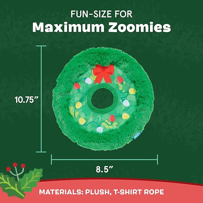 Barkbox Get Lit Wreath Plush Dog Toy - Fetch & Fling Chew Toy Disc with T-Shirt Rope and Crinkle Layers of Dogs and Puppies