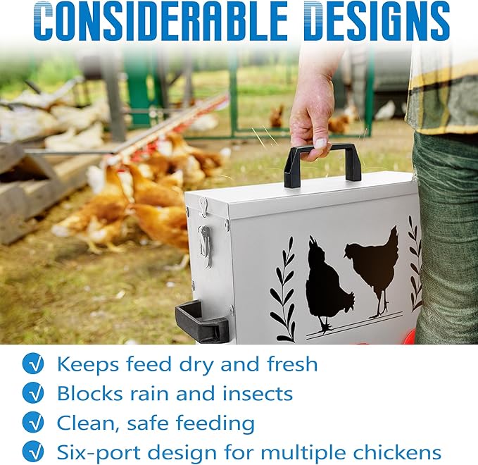 No Waste Automatic Chicken Feeder (50 LB), Rodent Resistant Metal Poultry Feeder with Locking Lid, Adjustable Stand & 8 Ports, Heavy Duty Weatherproof Feed Box for Hens, Ducks