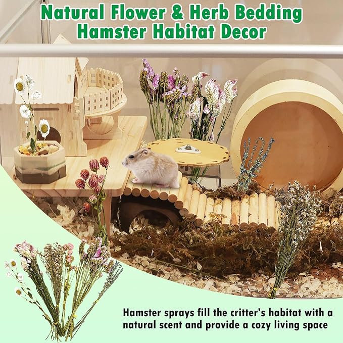PINVNBY Natural Flower & Herb Hamster Bedding Habitat Decor Guinea Pig Bedding Hamster Sprays Hamster Cage Accessories for Guinea Pig Dwarf Syrian Gerbils Mice Mouse Rat (Flower Version)