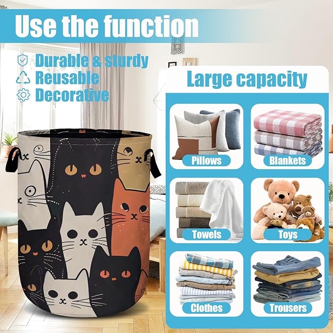 Watercolor Funny Cat Laundry Basket, Laundry Hamper Collapsible Oxford Cloth with Handle Clothes Storage Bin for Bathroom Laundry Room Bedroom 15.7 X 20 Inch