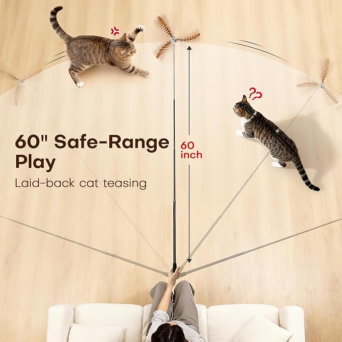 Potaroma Carbon Fiber Cat Wand Toy – Lightweight Retractable Interactive Feather Teaser Stick with 6 Detachable Feathers, Indoor Kitten Fishing Pole Toy with Bells, Durable Enrichment Fun
