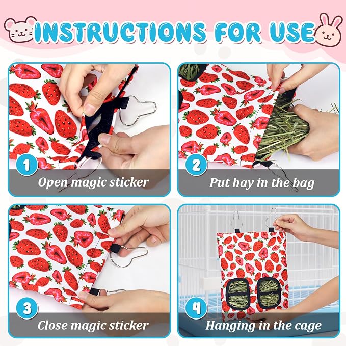 3 Pcs Rabbit Hay Feeder, 2-Hole Hanging Guinea Pig Hay Bags Washable Bunny Hay Bag for Rabbits, Chinchillas, Hamsters, Small Pets and Animals (11.8"×8.7")