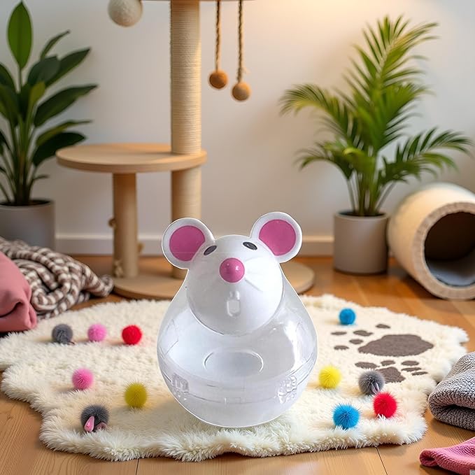 White Interactive Toys for Cats, Cat Food Balls Slow Feeder Mice Shaped Tumbler, Pet Kitten Mouse Shape, Food Storage Dispenser, Feeder, for Indoor and Kitten Exercise