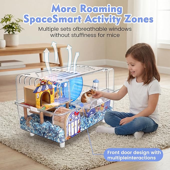 10-in-1 Acrylic Hamster Cage with Stand & Ocean Accessories, 23.2"x14.8"x15.2" Large 2-Tier Syrian Hamster Habitat, Starter Kit for Pet Mice & Hamsters, Easy to Assemble & Clean