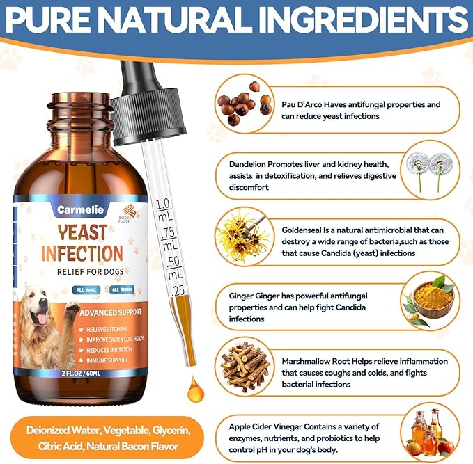 Carmelie Natural Yeast Relief for Dogs, Support Healthy Itch Relief, Ear Paw Discomfort Care, Itch Relief for Dog, Allergy Supports, Inflammation Relief for Dogs, 60ml Bacon Flavor