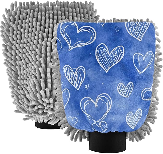 Car Wash Mitt Microfiber Wash Mitts for Car Washing Scratch-Free Cleaning Gloves Soft Non Absorbent Chenille Auto Hand Mitt Large 2Pack Blue White Hearts