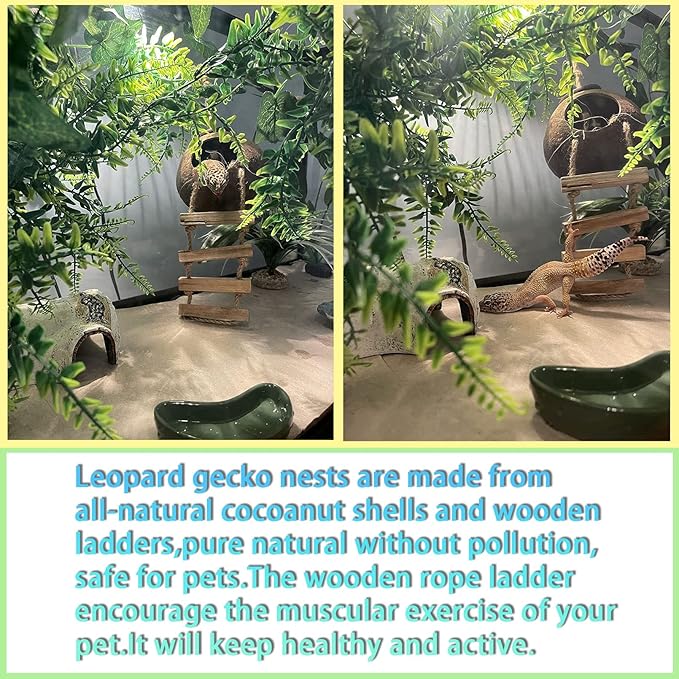 kathson Leopard Gecko Coconut Husk Hut Reptile Habitat Accessories Hideout Hole Climbing Ladder Bendable Hanging Plants Sleeping Hiding Breeding Apply to Amphibians and Small Animals