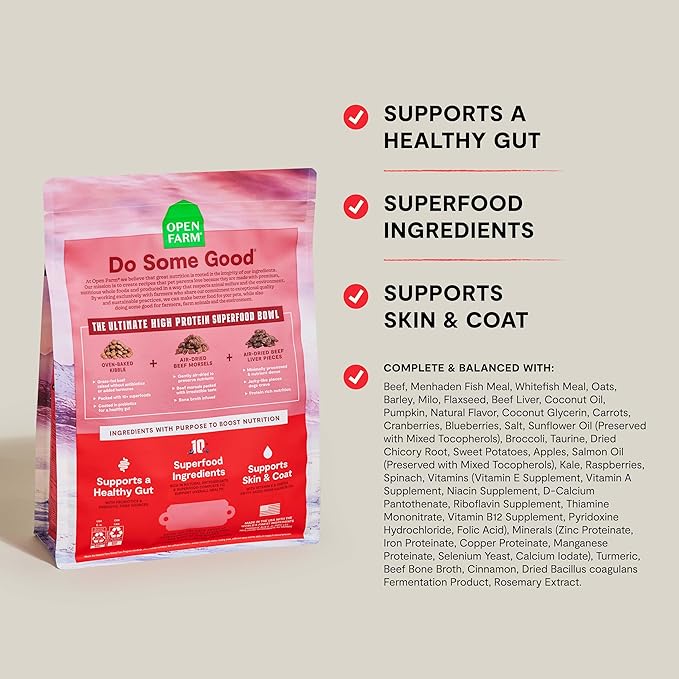 Open Farm, Epic Blend High Protein Dry Dog Food, Probiotic Coated & Bone Broth Infused Kibble with Air Dried Meat & Organs, Minimally Processed & Nutrient Dense, Beef & Superfood Recipe, 18lb Bag