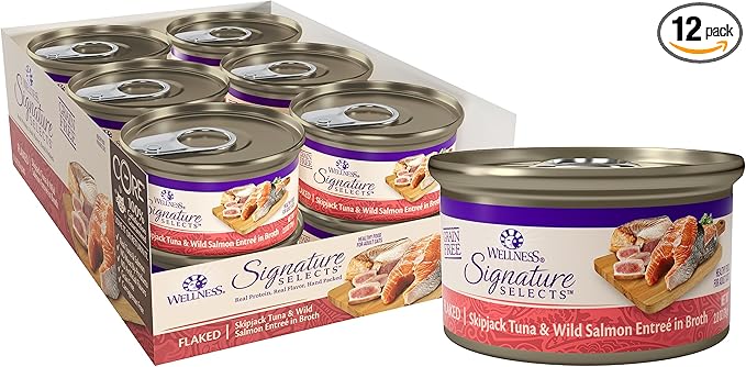 Wellness CORE Signature Selects Flaked Adult Canned Wet Cat Food, Natural, Protein Rich, Grain Free, Skipjack Tuna and Wild Salmon Entrée Recipe, 2.8 oz, Pack of 12 Cans