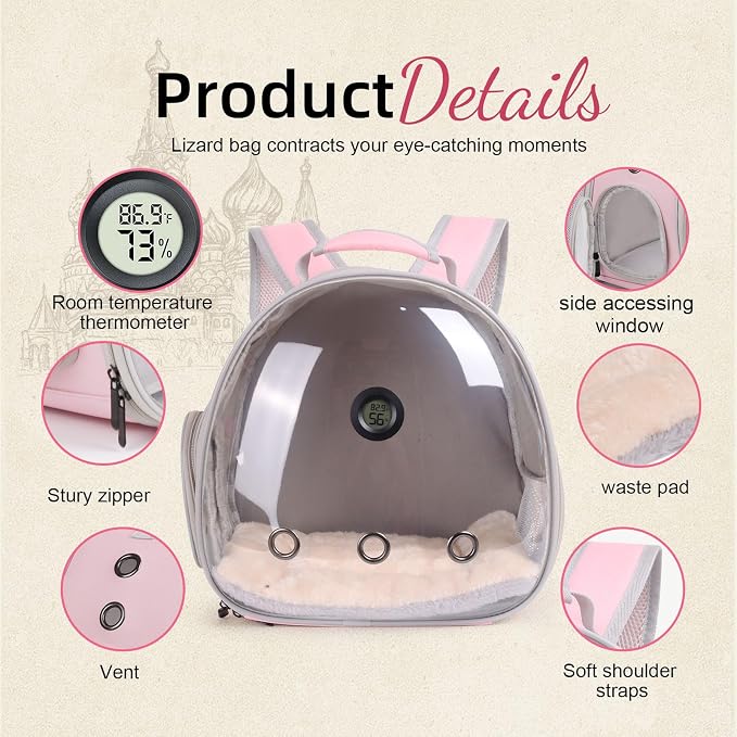 Bearded Dragon Travel Backpack Carrier with Reptile Thermometer and Humidity Gauge Lizard Travel Cage Space Capsule Clear Bubble Window Astronaut Reptile Bag for Ball Python (Pink, Backpack+I LSH)