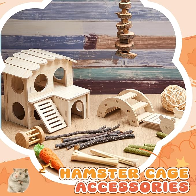 8 Pcs Hamster Cage Accessories Hamster Starter Kit with Maze Wood House, Bridge, Seesaw, Chew Toys Set for Gerbils and Mice Small Animals Habitat Supplies(Fun Villa)