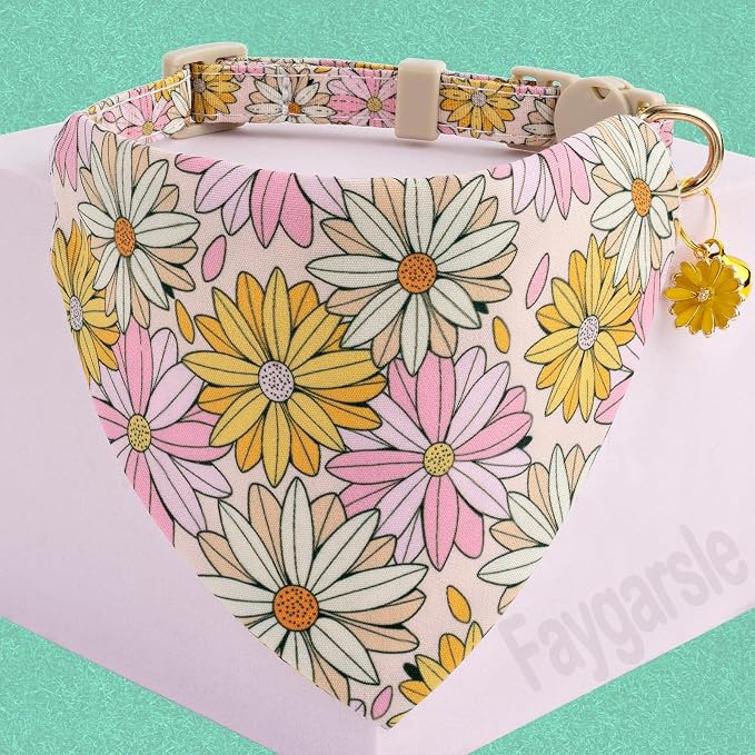 Faygarsle 2 Pack Floral Cat Collar Set with Bandana and Bow Tie, Pink and Yellow Daisy Pattern, Breakaway Safety Buckle