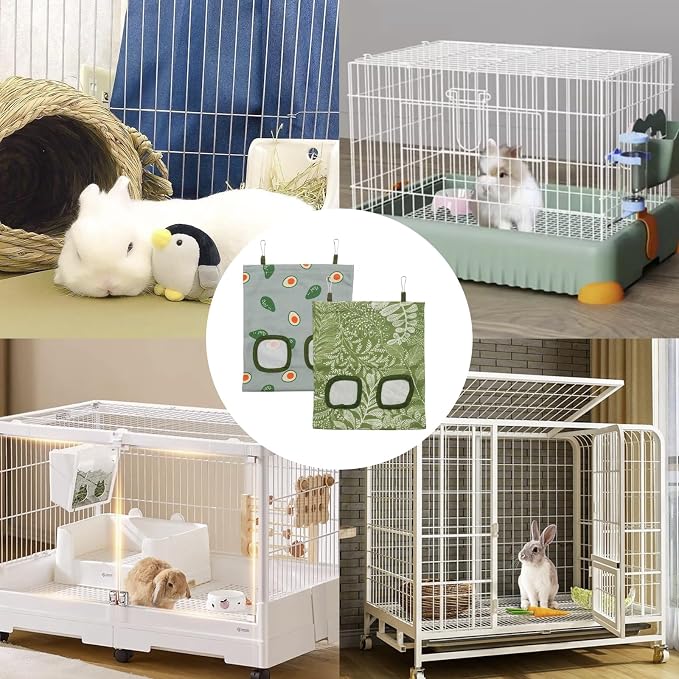 2 PCS Rabbit Hay Feeder Bag Hanging Guinea Pig Hay Feeder with 2 Holes Small Animal Feeders Storage Pouch Holder for Rabbits Hamsters Small Pets(Color 2)