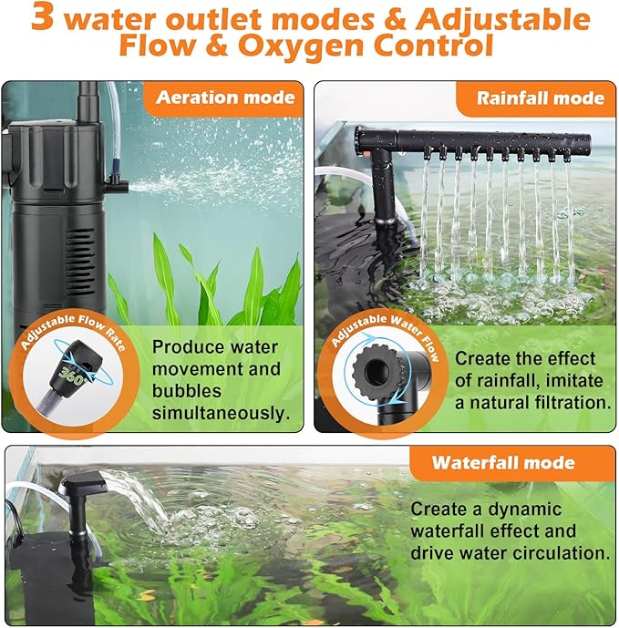 hygger Aquarium Internal Filter for 5-15 Gallon Tank, Flow Rate Adjustable 4 in 1 Submersible Fish Tank Filter with Aeration System,Filtration/Oxygenation/Waveker/Circulation