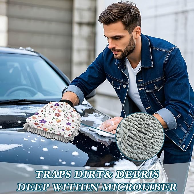 Car Wash Mitt Microfiber Wash Mitts for Car Washing Scratch-Free Cleaning Gloves Soft Non Absorbent Chenille Auto Hand Mitt Large 2Pack Wildflower