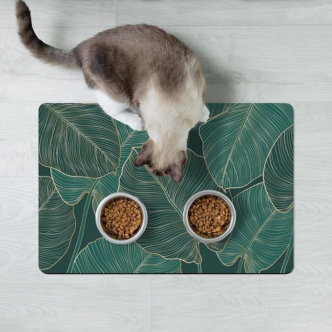 Rnivvi Dog Food Mat, 12" x 19" Flower Absorbent Dog Cat Bowl Mat for Food and Water, 3MM Anti-Slip Rubber Pet Feeding Rug Protect Floors, Puppy Placemat for Feeding & Watering Supplies, Tropical