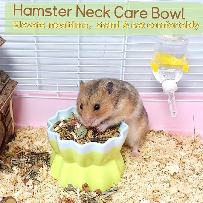 Ceramic Hamster Food Bowl Elevated Hamster Bowl Non-Tip Rat Feeding Dish with Water Bottle for Dwarf Gerbil Mouse Mice Sugar Glider (Green)