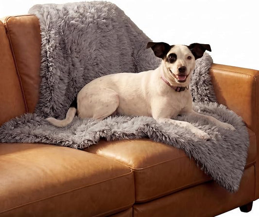 Furhaven Waterproof Throw Blanket for Dogs & Indoor Cats, Washable - Shaggy Plush Calming Long Faux Fur & Velvet Dog Blanket - Gray, Medium