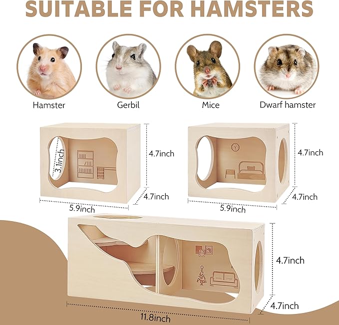 Hamster Hideout Wooden House,Hamsters Multi Chamber Hideout,Small Animal Habitat for Clear Observation,Hamster Toys for Dwarf Hamstersm,Gerbils, Hedgehogs, Rats, Mice