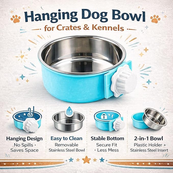 HERCOCCI 4Pcs Dog Crate Bowls, Hanging Removable Stainless Steel Food and Water Bowls for Puppies, Small Dogs, Cats, Rabbits & Ferrets (Blue, Green, Red, Grey)