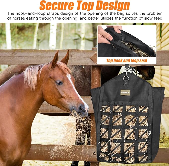 Ultra-Slow Feed Hay Bags for Horses,Two-Sided Premium Oxford Hay Bags with Large Opening,Top with Hook-and-Loop Closure,Adjustable Dual-Purpose Strap for Easy Hanging (Black, Large 2 Pack)