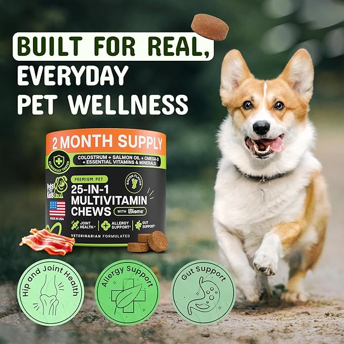 Pets are Kids 25-in-1 Dog Multivitamin - Pet Vitamins and Supplements with LBiome™, Colostrum & Salmon Oil for Gut, Allergy, Mobility & Immune Health - Bacon Flavored, Dog Supplements - 60 Chews