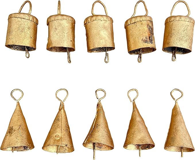 Rustic Metal Bells 10 Pcs - Vintage Christmas Decorations, Small Bells for Crafts, Jingle & Witch Bells, Cow Bells, Mini Antique Gold Bells, Boho Hanging Ornaments, Farmhouse Decor, Garland