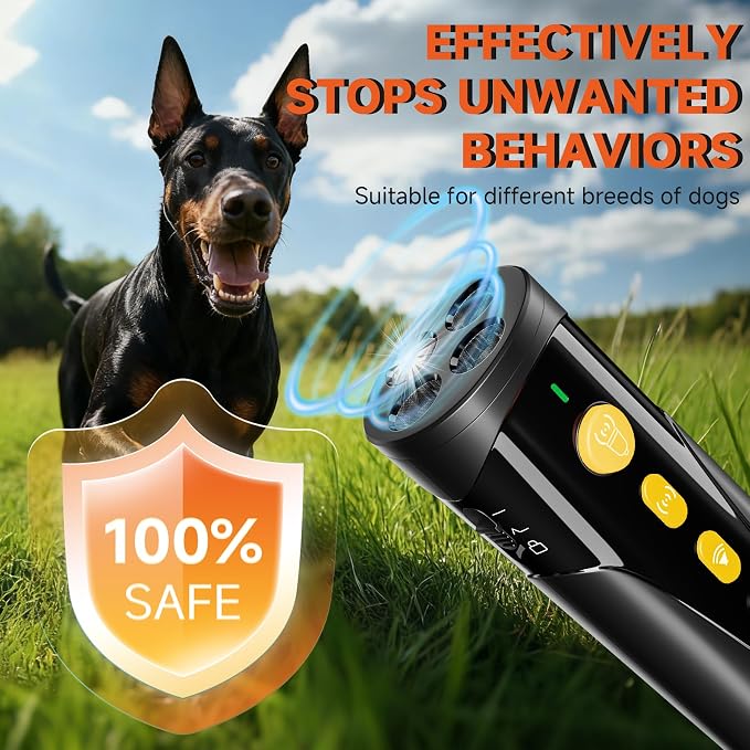 Dog Bark Deterrent Device, 3X Ultrasonic Anti Barking Device 6 Modes Dog Trainer Rechargeable & Portable Safe Bark Control Indoor Outdoor for All Dogs with LED Flashlight - Yellow Button