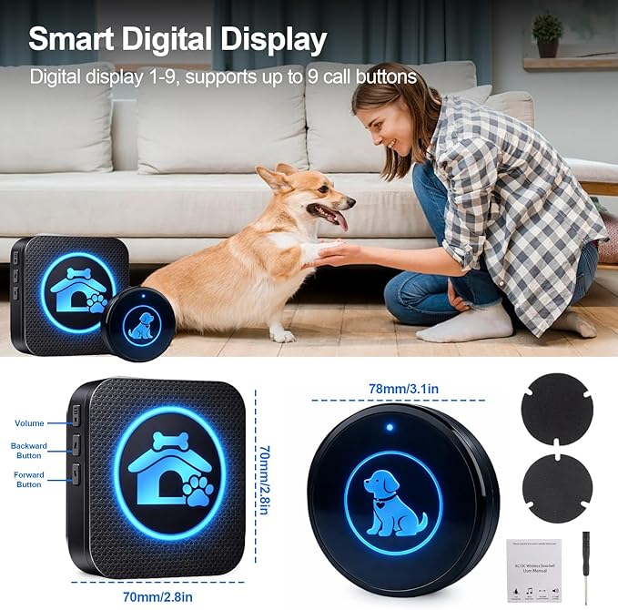 Dog Door Bell (2026 Self-Illuminating Enhanced Touch) for Potty Training, Wireless Dog Doorbells to Go Outside, 1000 Feet Long Range, IP65 Waterproof, 60 Melodies & Adjustable Volume (2 Buttons)