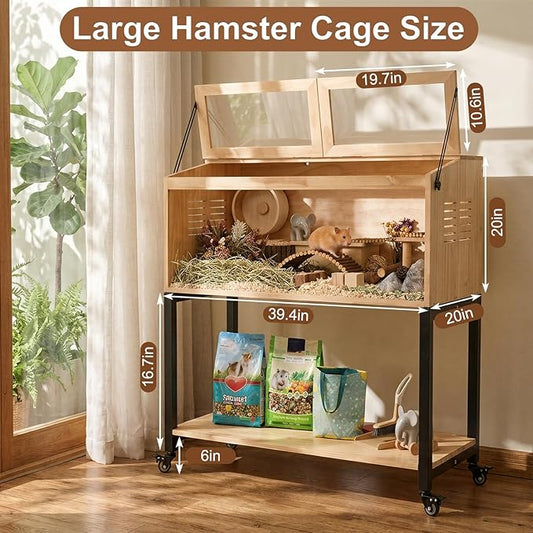 Wooden Hamster Cage with Storage Shelf, Large Hamster Cage, Pine, Guinea Pig Cages, 40.0" L x 20.0" W x 42.0" H Small Animal Cages with Stand & Wheels for Guinea Pig, Chinchilla, Rat, Bunny, etc.
