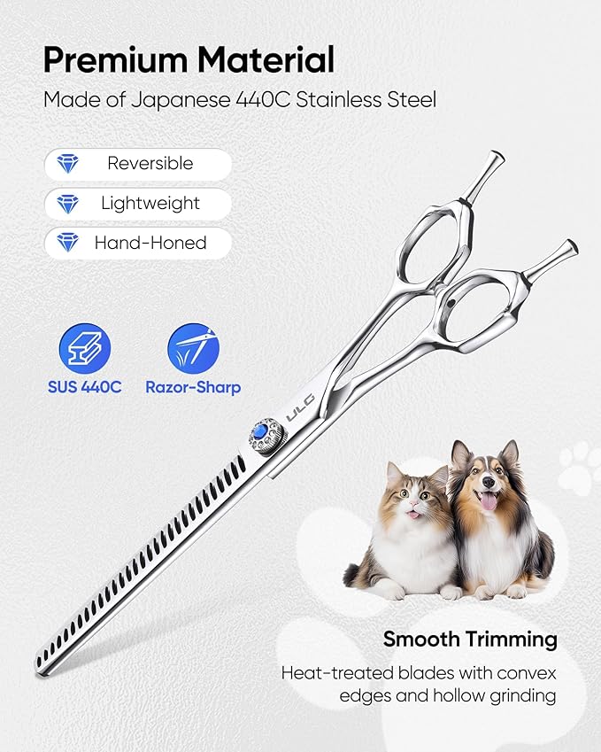 ULG Curved Dog Shears for Grooming, 7 Inch Professional Straight Chunker Dog Grooming Scissors for Trimming and Cutting, Japanese Stainless Steel Pet Hair Scissors, 65%-75% Thinning Rate