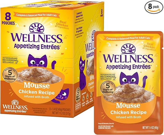 Wellness Appetizing Entrées Mousse Adult Wet Cat Food, Natural, Protein Rich, Grain Free, Chicken Recipe, 1.4 oz, Pack of 8 Pouches