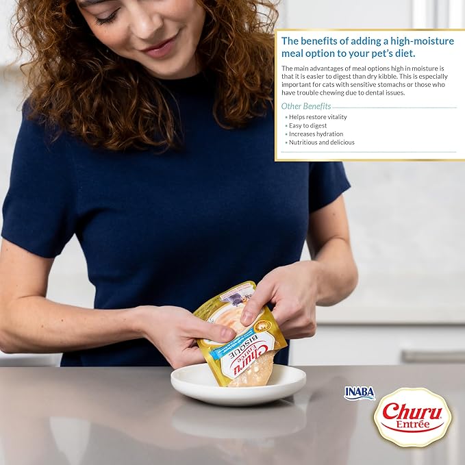 INABA Churu Entrée Bisque for Cats, High Protein & Moisture, Prebiotic Wet Cat Food, 1.76oz. per Serving, 6 Pouches, Chicken with Salmon Recipe