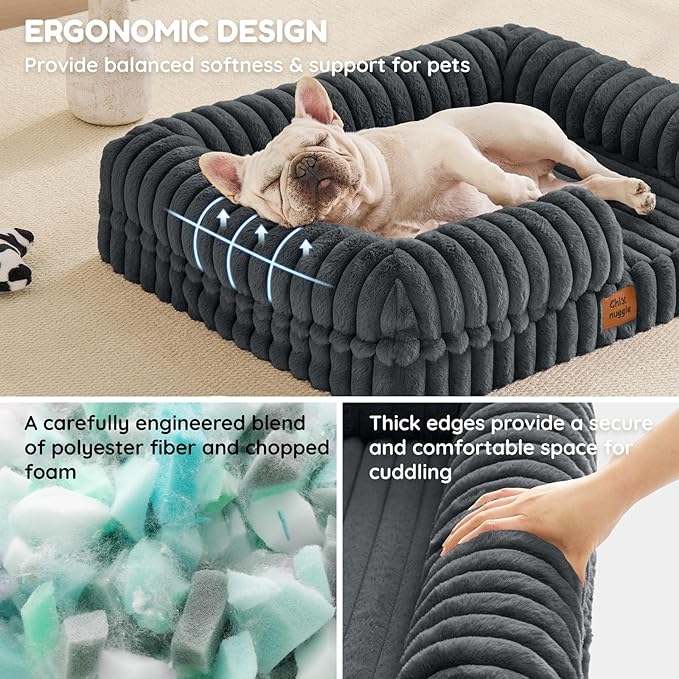 ChiXnuggle Orthopedic Dog Bed with Bolster Sides for Sleeping, Fluffy Plush Rectangular Dog Bed Medium Sized Dog, Luxury Striped Faux Fur Waterproof Dog Couch with Removable Washable Cover, Dark Grey