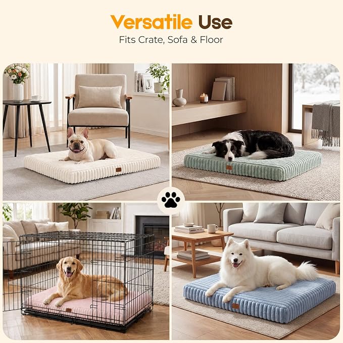 Orthopedic Dog Bed for Large Dog, Waterproof Pet Bed for Crate,Non-Slip Bottom and Egg-Crate Foam with Removable Washable Cover Crate Bed,Cream,35"x22"x3"