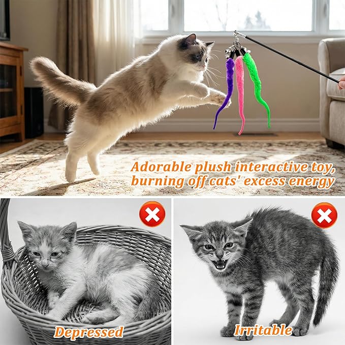 10 Pack Cat Worm Toys, Fuzzy Worm Cat Toy with Bell, Interactive Cats Wand Attachment Toys for Teaser Play and Chase Exercise with Kitten