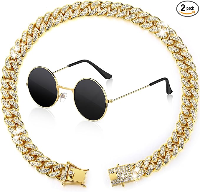 Xuniea 2 Pieces Cat Dog Chain Collar and Sunglasses Set Rhinestone Necklace with Secure Buckle Round Glasses for Doll Cat Dog Pet Accessories(18 Inch,Gold, Black)