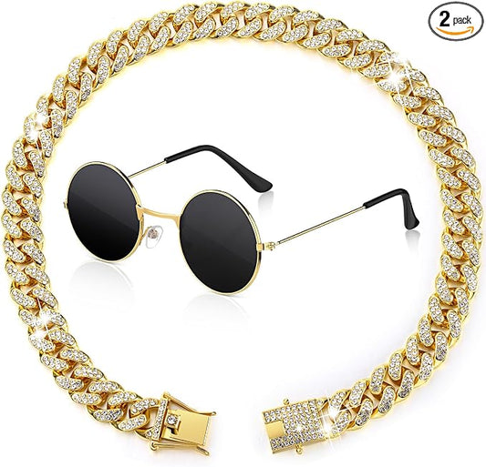 Xuniea 2 Pieces Cat Dog Chain Collar and Sunglasses Set Rhinestone Necklace with Secure Buckle Round Glasses for Doll Cat Dog Pet Accessories(18 Inch,Gold, Black)