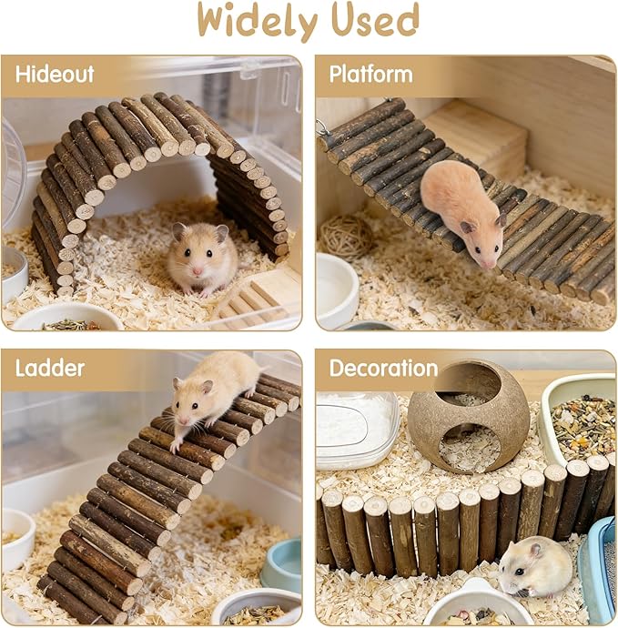 Hamiledyi 2 PCS Natural Wood Hamster Bridge, Bendable Climbing Ladder Small Animal Cage Accessories for Dwarf Hamster, Gerbils, Mice, Sugar Glider (15.7×5.9 in)