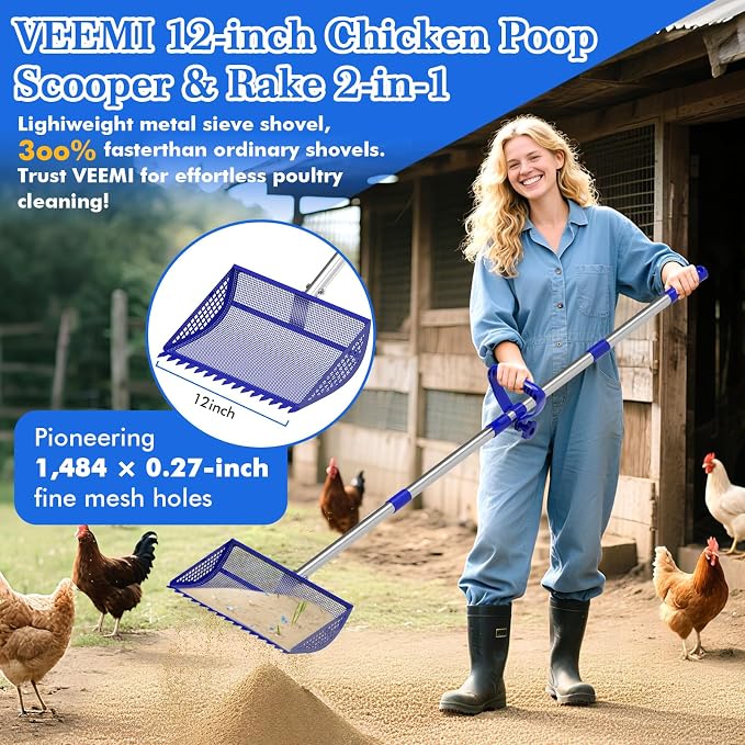 Chicken Poop Scooper Rake 2-in-1,304 Stainless Steel Shovel Head, Chicken Litter Scoop with Handle for Chicken Coop for Sand, Pet Waste Cleaning, Litter Sifting Shovel (35 to 65") (Blue, 12inch)