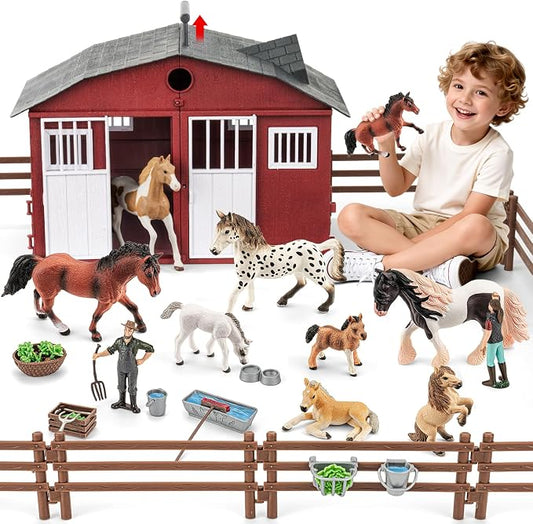 47PCS Horse Toys Stable Playset with Farm Fences for Girls Boys, Solid Plastic Horse Stable with a Handle, Farm Animal Barn Toys Horse Figurines for Kids, Birthday Gift Cake Toppers