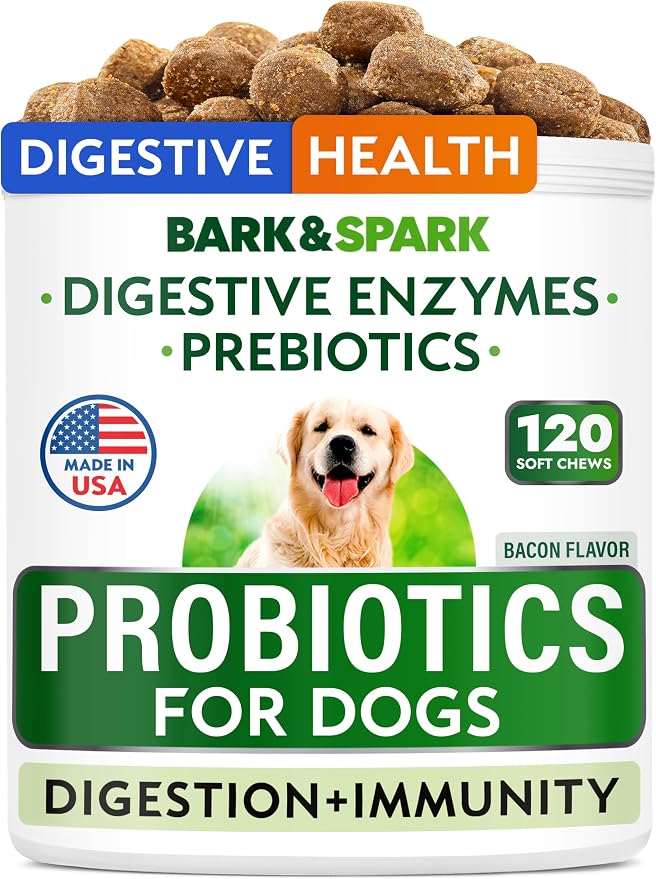 BARK&SPARK Dog Probiotics 180 Chews for Digestive Health w/Enzymes & Fiber - Diarrhea Gas Treatment Upset Stomach Relief - Allergy & Itchy Skin - Pet Probiotics for Dogs