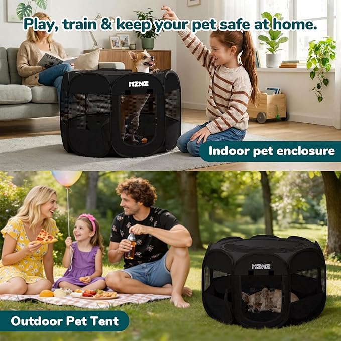 Dog Cat Playpen, Portable Small Animal Playpen Crate Indoor for Dogs Cats Rabbits, Foldable Guinea Pigs Bunny Cage Enclosure Outdoor, Pop Up Dogs Cats Tent Kennel with Carrying Case, Whole Black