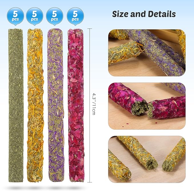 Rabbit Chew Toys for Teeth, Timothy Grass Carrot Sticks for Guinea Pig Hamster Chinchilla Squirrel Bunny Small Rodent Animals (20 pcs)